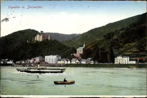 Ak Capellen Kapellen Stolzenfels Koblenz am Rhein, Rheinblick, Dampfer, Boot