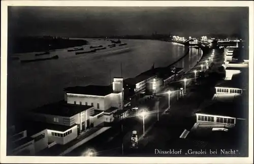 Ak Düsseldorf Niederrhein, Gesolei bei Nacht, Blick auf den Rhein