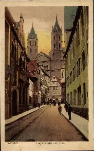 Ak Worms am Rhein, Hagenstraße mit Dom