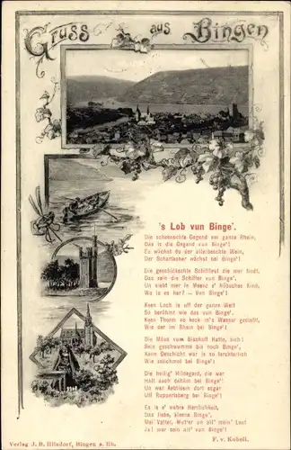 Ak Bingen am Rhein, 's Lob vun Binge', Lied, Boot, Kirche