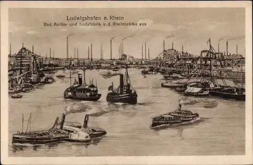 Ak Ludwigshafen am Rhein, Badische Anilin und Sodafabrik, Blick von der Rheinbrücke
