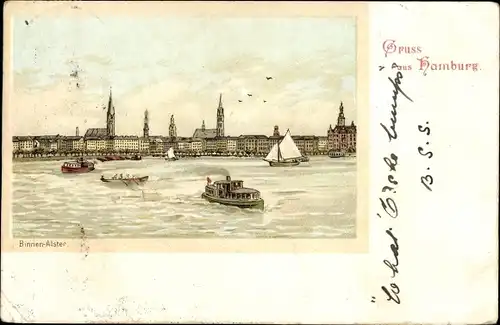 Litho Hamburg Mitte Altstadt, Binnenalster, Boote, Blick zur Stadt, Kirchen