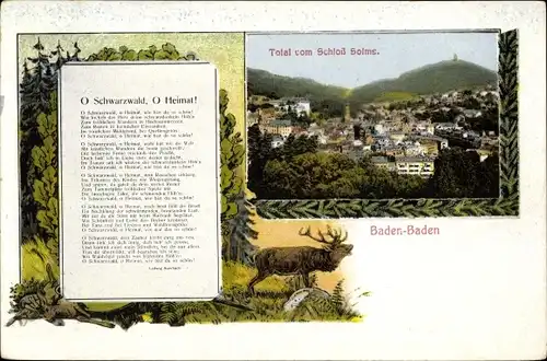 Passepartout Ak Baden Baden am Schwarzwald; Total von Schloss Solms, Heimatleid, röhrender Hirsch