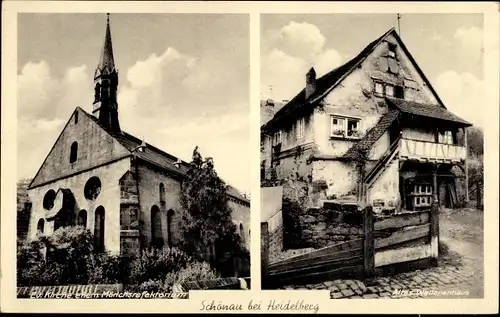 Ak Schönau im Odenwald, Evang. Kirche, ehem. Mönchsrefektorium, Altes Wallonenhaus