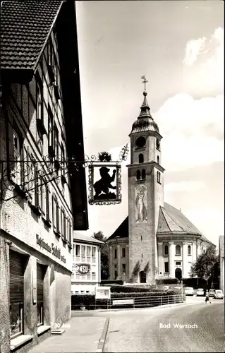 Ak Bad Wurzach in Oberschwaben, Ortspartie, Gasthaus Bären, Kirche, Schild NSU Motorenwerke