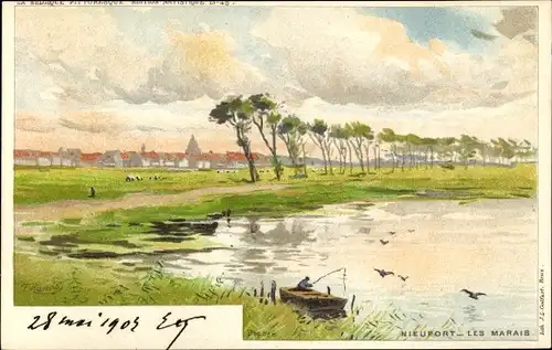 Künstler Litho Ranot, F., Nieuwpoort Westflandern, Les Marais, Angler, Boot