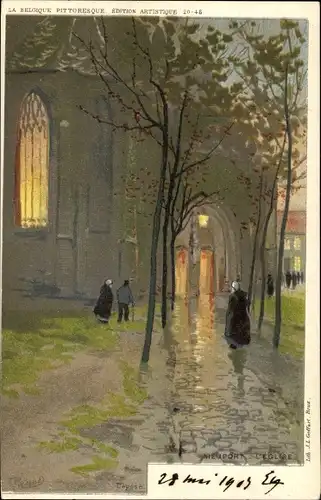 Künstler Litho Ranot, F., Nieuport Nieuwpoort Westflandern, L'Eglise