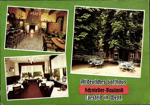 Ak Coesfeld im Münsterland, Gasthaus Schnieder Bauland, Gartenterrasse, Tresen, Gastraum, Sirksfeld