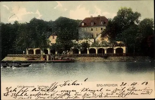 Ak Bad Nauheim in Hessen, Café Restaurant Teichhaus. Ruderboot, Schwäne