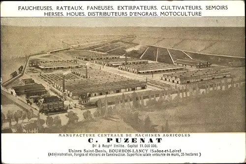 Künstler Ak Bourbon Lancy Saône et Loire, Usines Saint Denis, C. Puzenat, Faucheuses, Rateaux