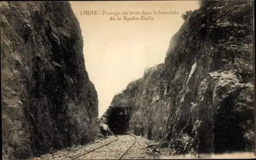 Ak Lhuis Ain, Passage du train dans la tranchee de la Roche Gallu