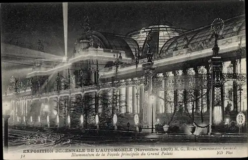 Ak Paris, Exposition Decennale de l'Automobile 1907, Illumination de la Facade principale du Palais