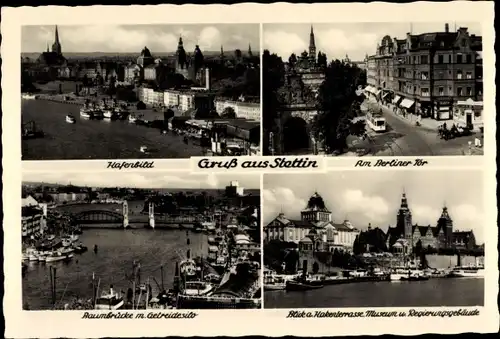 Ak Szczecin Stettin Pommern, Hafenbild, Berliner Tor, Hakenterrasse, Museum, Regierungsgebäude