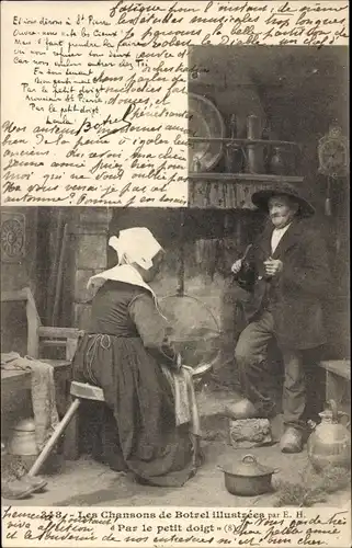 Lied Ak Les Chansons de Botrel illustrees, Par le Petit Doigt, Paar in Bretonischen Trachten