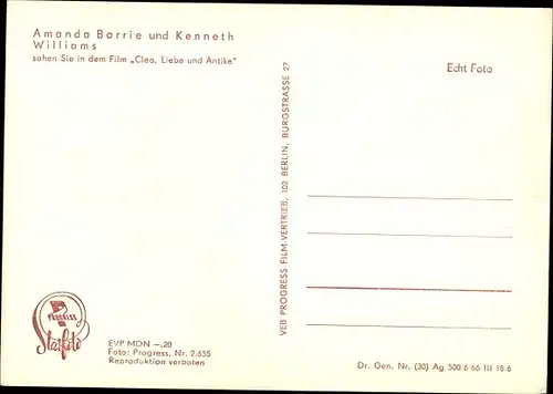 Ak Schauspieler Amanda Barrie und Kenneth Williams, Cleo, Liebe und Antike