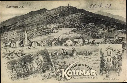 Litho Kottmar in der Oberlausitz, Kottmarsdorf, Gesamtansicht, Restaurant, Aussichtsturm