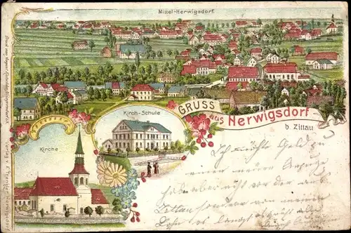 Litho Herwigsdorf in der Oberlausitz, Panorama, Kirche, Kirch-Schule