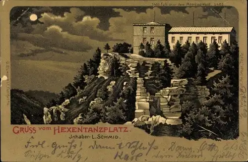 Mondschein Litho Thale im Harz, Hotel auf dem Hexentanzplatz, Inh. L. Schmid, Mondschein