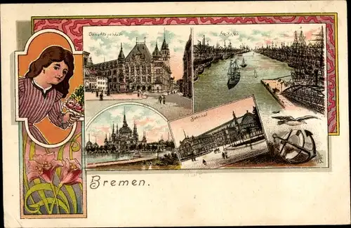 Litho Hansestadt Bremen, Bahnhof, Hafen