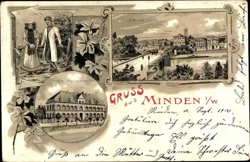 Litho Minden in Westfalen, Weserbrücke, Trachten
