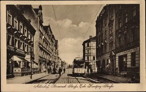 Ak Berlin Treptow Adlershof, Bismarckstraße, Ecke Handiery Straße, Straßenbahn 5, Buchhandlung