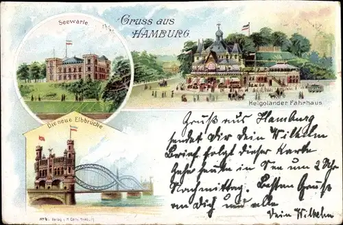 Litho Hamburg St. Pauli, Seewarte, Neue Elbbrücke, Helgolander Fährhaus