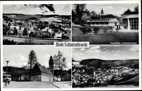 Ak Bad Schwalbach, Kurkaffee und Stahlbrunnen, Teilansicht, Evangel. Kirche