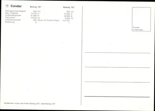 Ak Deutsche Passagierflugzeuge Condor, Boeing 767, B 757