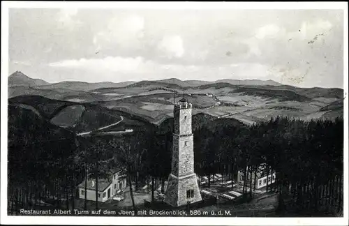 Ak Bad Grund im Harz, Restaurant Albert Turm auf dem Iberg mit Brockenblick