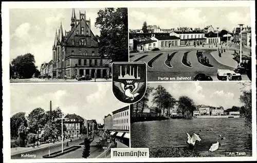 Ak Neumünster in Schleswig Holstein, Rathaus, Kuhberg, Partie am Bahnhof, Teich, Schwan, Wappen