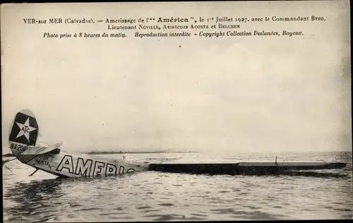 Ak Ver sur Mer Calvados, Amerissage de l'America 1927, Flugzeug, Wasserlandung