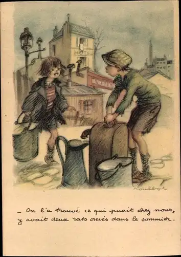 Künstler Ak Poulbot, Francisque, Junge an der Wasserpumpe, Mädchen kommt mit einem Eimer