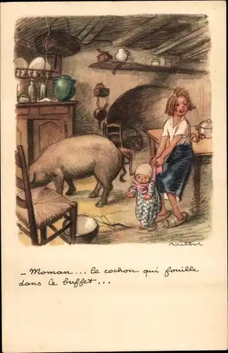 Künstler Ak Poulbot, Francisque, Ligue Nationale contre le Taudis, Kinder und Schwein in einer Küche