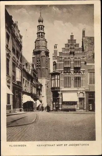 Ak Vlissingen Zeeland Niederlande, Kerkstraat met St. Jacobstoren