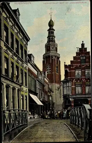 Ak Vlissingen Zeeland Niederlande, Kerkstraat met St. Jacobstoren