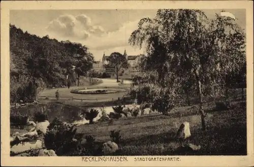 Ak Recklinghausen in im Ruhrgebiet, Partie im Stadtgarten, Teich