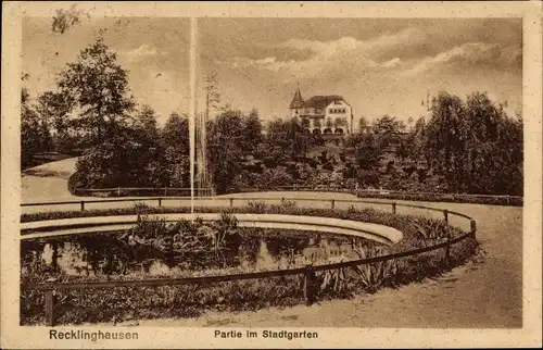 Ak Recklinghausen in im Ruhrgebiet, Partie im Stadtgarten, Fontäne