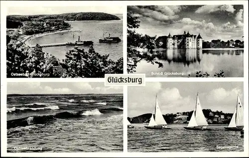 Ak Glücksburg an der Ostsee, Schloss, Segelregatta, Brandung