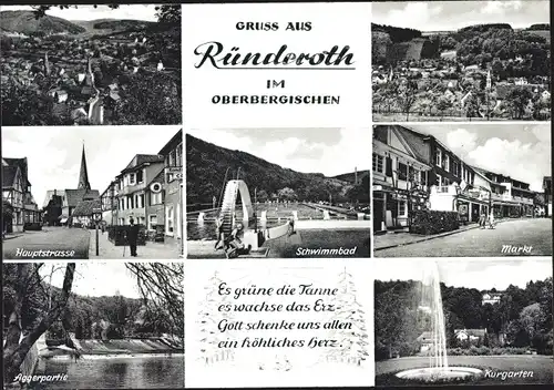 Ak Ründeroth Engelskirchen, Markt, Hauptstrasse, Gesamtansicht, Schwimmbad, Kurgarten, Agger