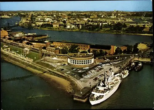 Ak Südstrand Wilhelmshaven in Niedersachsen, Fliegeraufnahme, Strandhalle und MS "Wilhelmshaven"