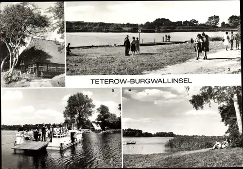 Ak Teterow in Mecklenburg, Burgwallinsel, HO Gaststätte Wendenburg, Bootsanlegestelle, Fähre