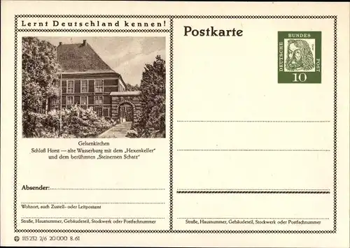 Ganzsachen Ak Horst Gelsenkirchen im Ruhrgebiet, Schloss Horst, Wasserburg mit Hexenkeller