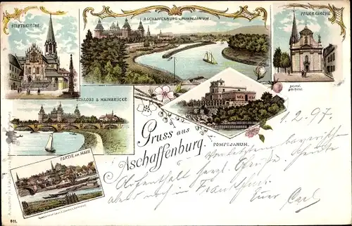 Litho Aschaffenburg in Unterfranken, Stiftskirche, Pfarrkirche, Schloss, Mainbrücke, Pompejanum