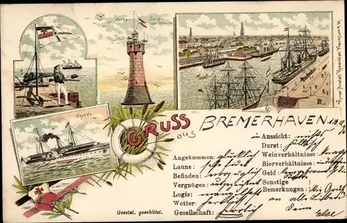 Litho Bremerhaven, Rotesand Leuchtturm, NDL Dampfer Najade, Panorama