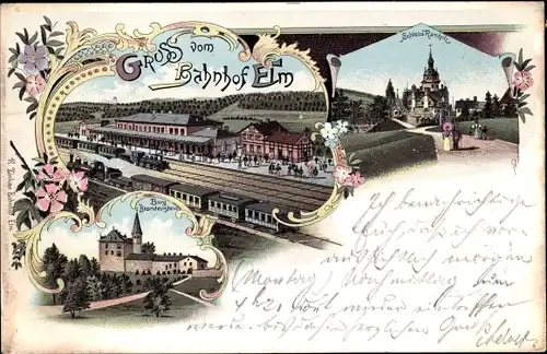 Litho Elm Schlüchtern in Hessen, Bahnhof, Gleisseite, Burg Brandenstein, Schloss