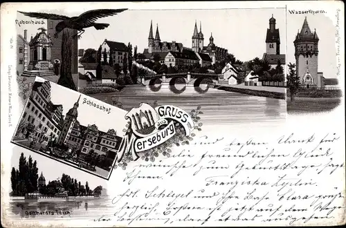 Litho Merseburg an der Saale, Rabenhaus, Schlosshof, Gotthardts Teich