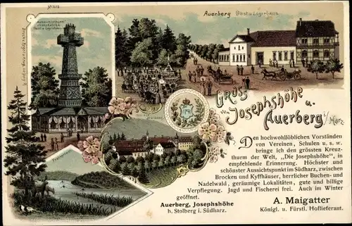 Litho Stolberg Südharz, Gruß von Josephshöhe, Aussichtsturm, Auerberg, Gasthaus