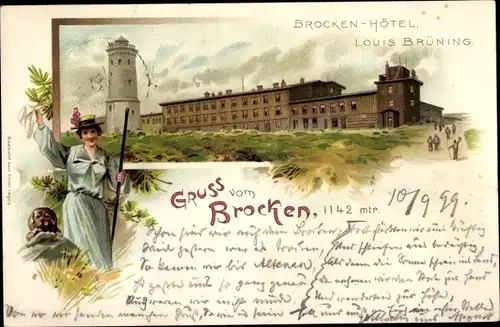 Litho Brocken Nationalpark Harz, Brockenhotel Louis Brüning, Frau mit Hund und Wanderstock