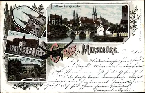 Litho Merseburg an der Saale, Schlossansicht, Dom, Rathaus