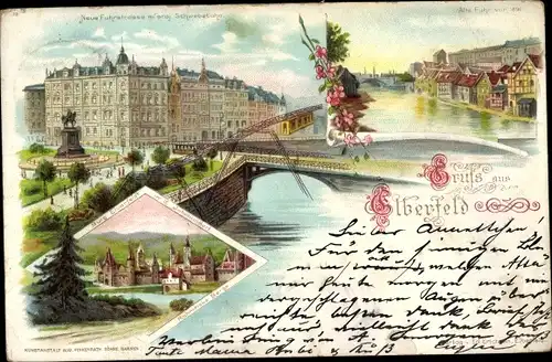 Litho Elberfeld Wuppertal in Nordrhein Westfalen, Neue und alte Fuhrstraße, Schwebebahn